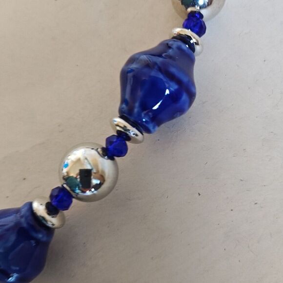 Natural Blue Lapis Beaded Teardrop Stone Necklace 15 inch Silver Accents - Picture 4 of 10
